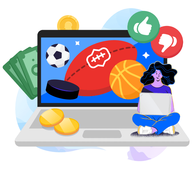Girl with laptop next to a football, basketball, soccer ball, hockey puck, and cash