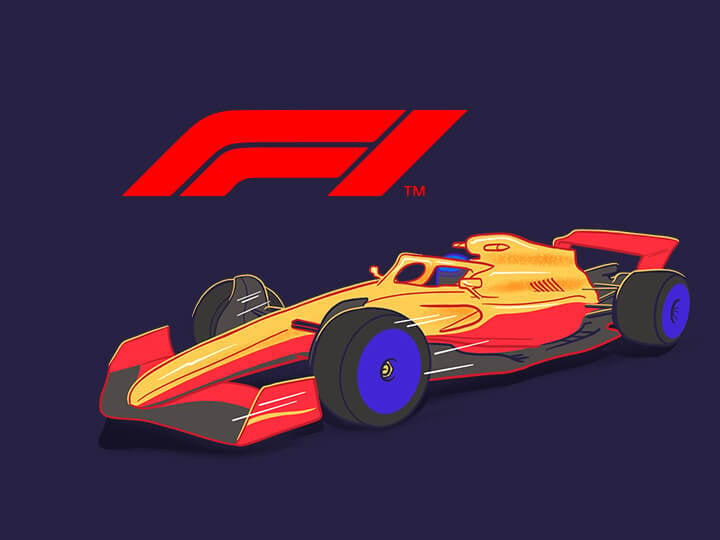 A Formula 1 car in orange and yellow livery next to an F1 logo