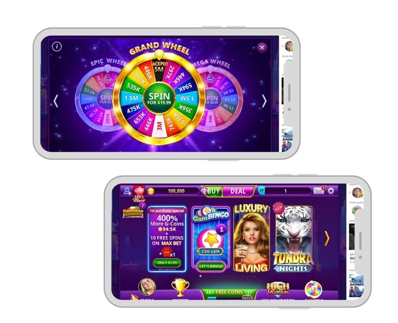 Gambino Slots casino's loyalty wheel and game page on a mobile screen
