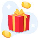 Sweeps gold coins around a gift box