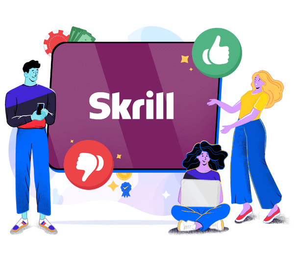 Skrill logo on mobile device with pros and cons symbols