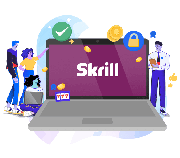 Skrill logo on laptop with safety symbols