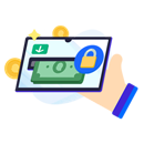 Hand holding a mobile device showing cash and a padlock