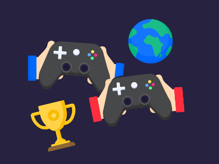 Two players holding PlayStation controllers next to a trophy and globe