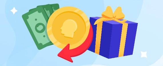 A coin, cash, and giftbox next to a downward arrow