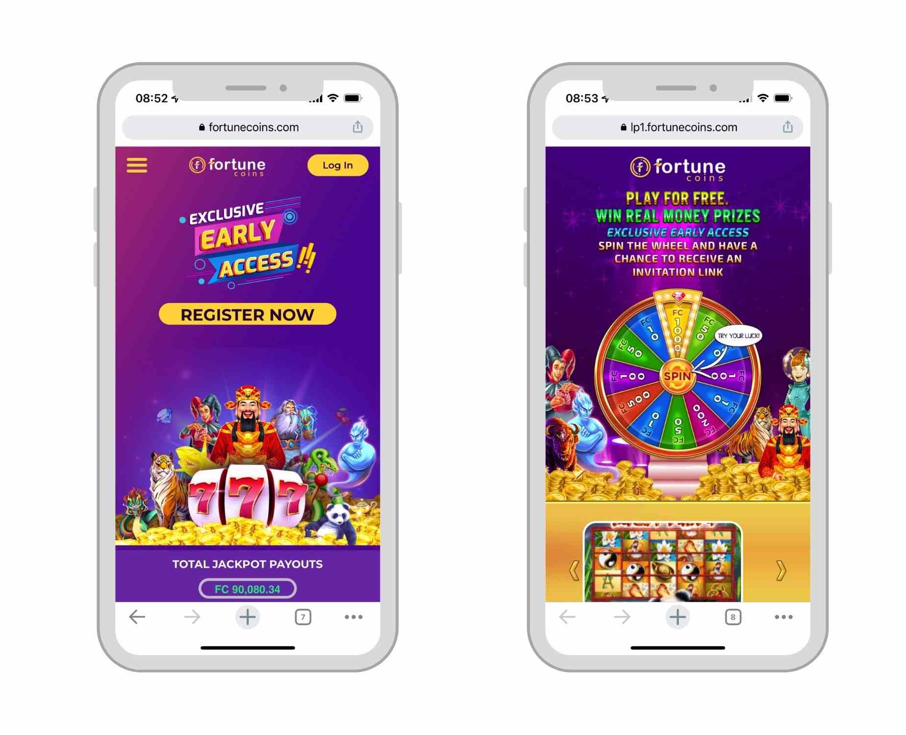 Fortune Coins casino landing page and loyalty wheel on a mobile screen