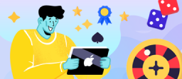Man using ipad with casino symbols in background