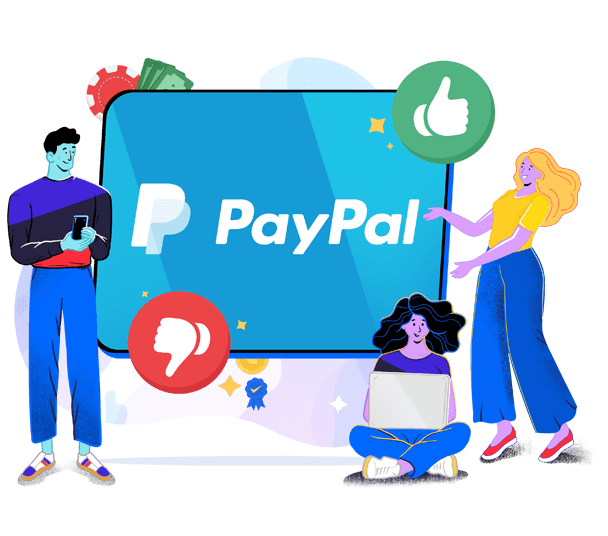 People on computer and mobile devices standing near a PayPal logo with thumbs up and thumbs down symbols, representing pros and cons
