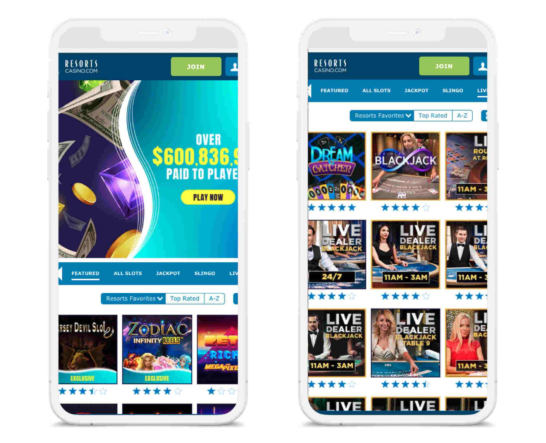 Resorts casino's slots and live casino landing pages on two mobile screens