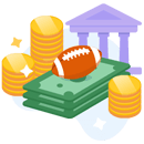 American football on a pile of cash and coins, with a bank in the background
