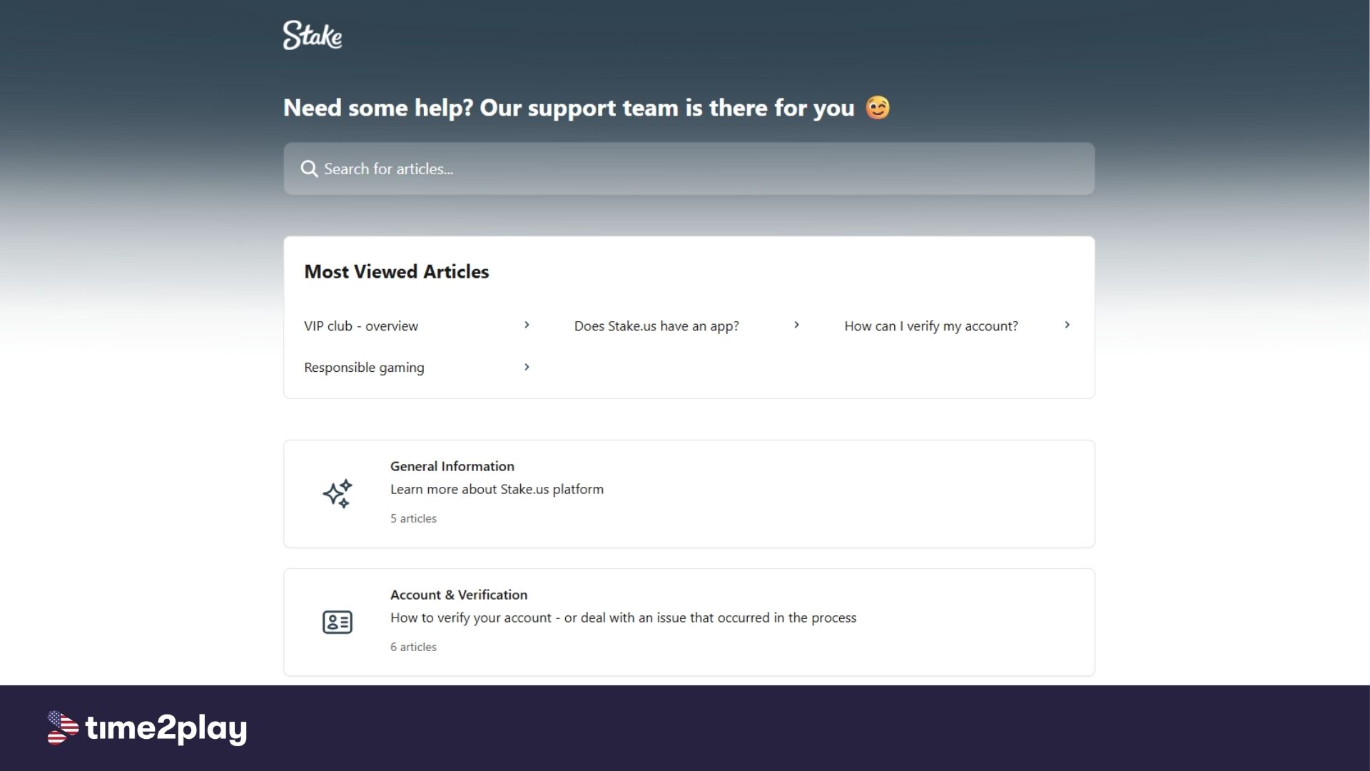 Stake.us Help Center page
