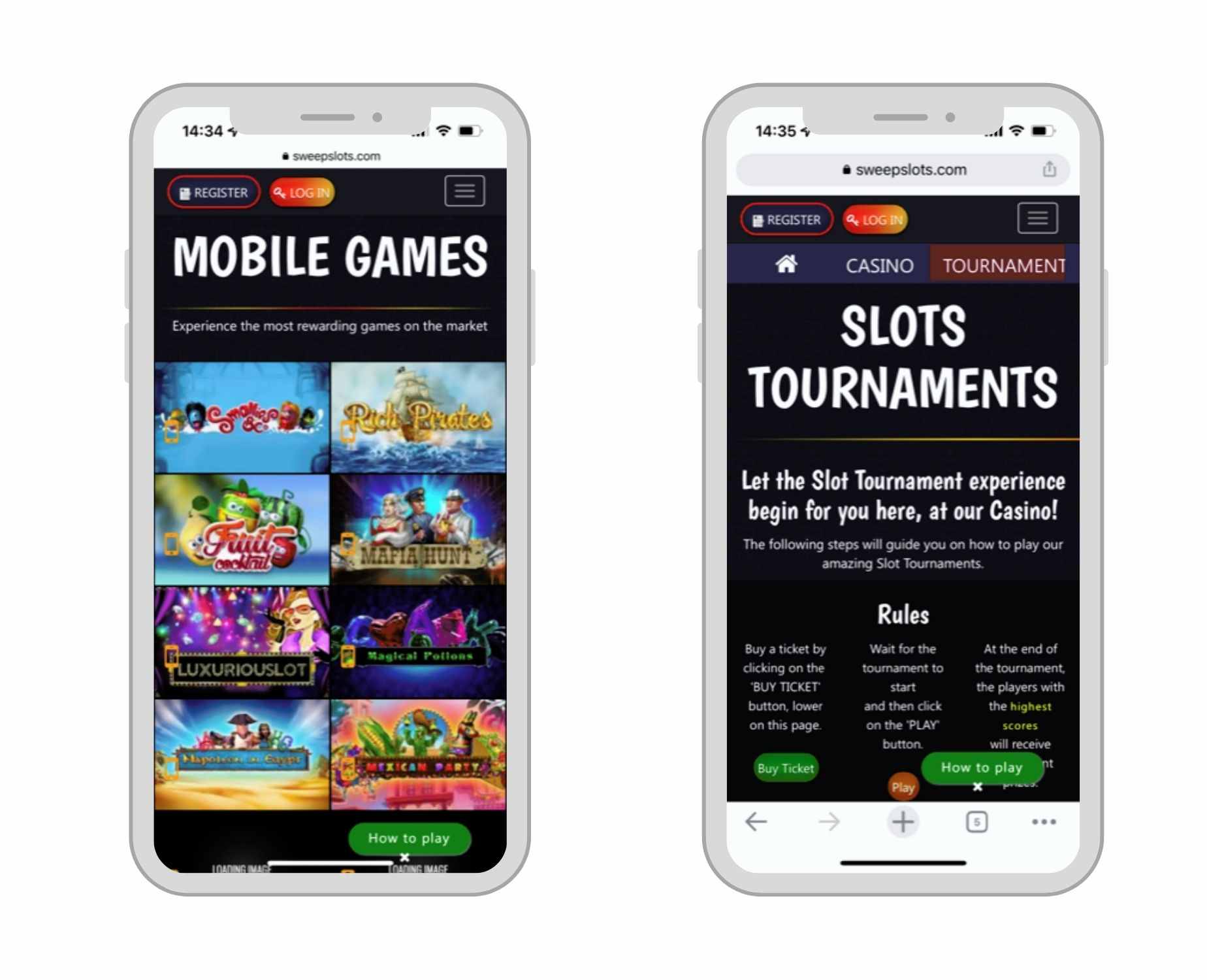 Mobile view of SweepSlots' slot tournaments and mobile games pages