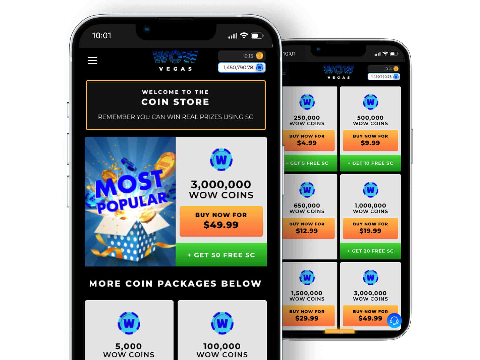 Sweepstakes casino coin packages showing pricing and perks at WOW Vegas casino on mobile device