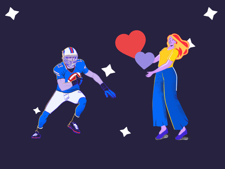Image shows iconography and artwork related to NFL fans and a woman being in love.
