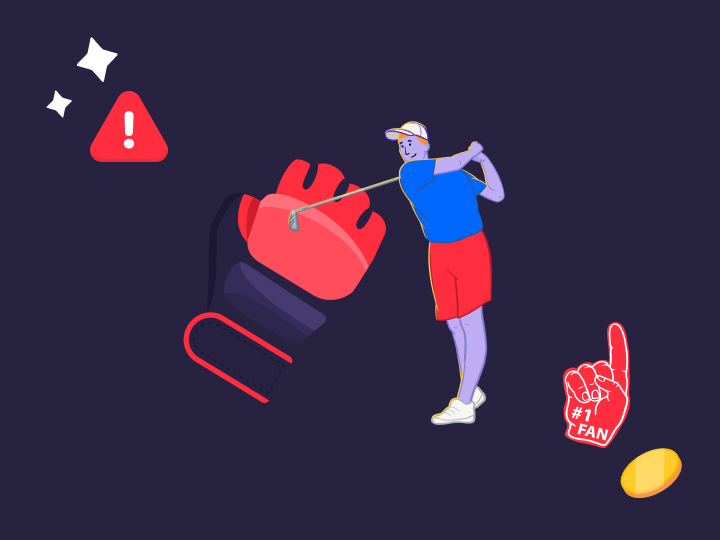 Image depicts cartoon of an MMA glove and a man playing golf