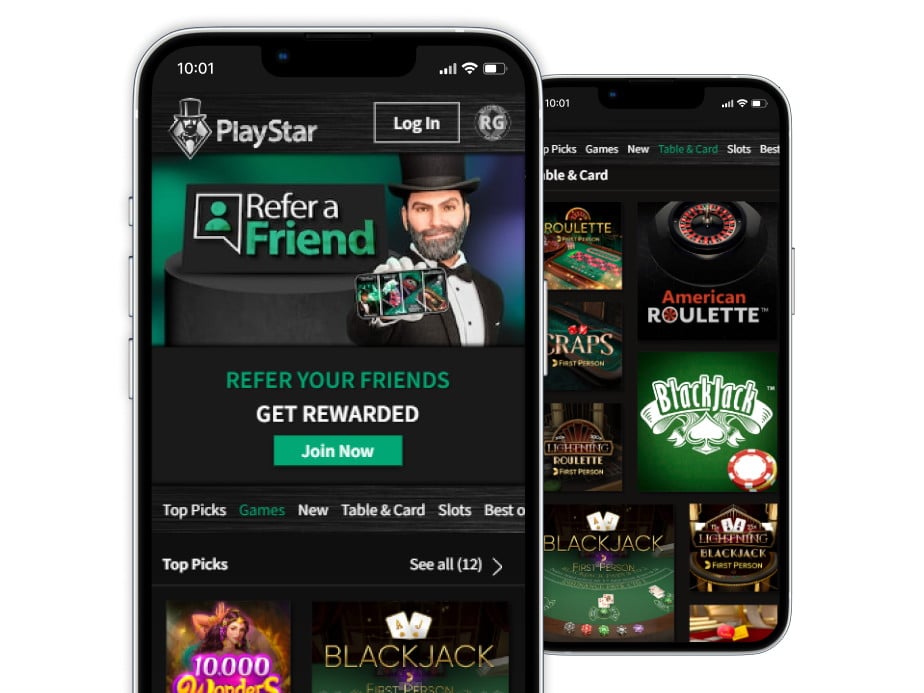 PlayStar online casino homepage and tables and card games page on two mobile screens