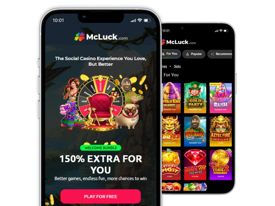 McLuck casino homepage and mobile games lobby on two mobile screens