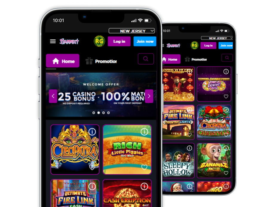Stardust casino's homepage and slots page on two mobile phone screens