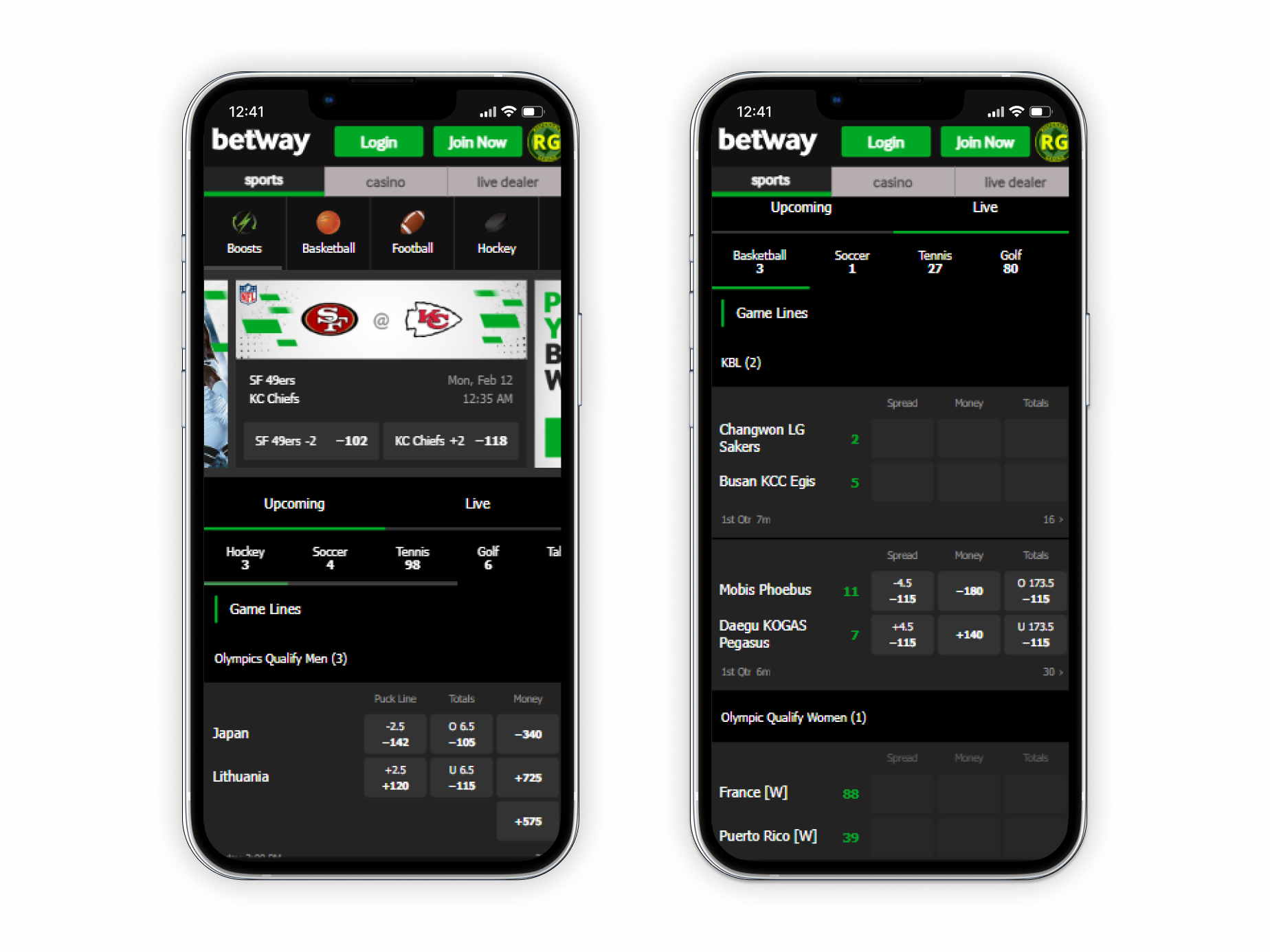 Betway sportsbook homepage and live games page on two mobile screens