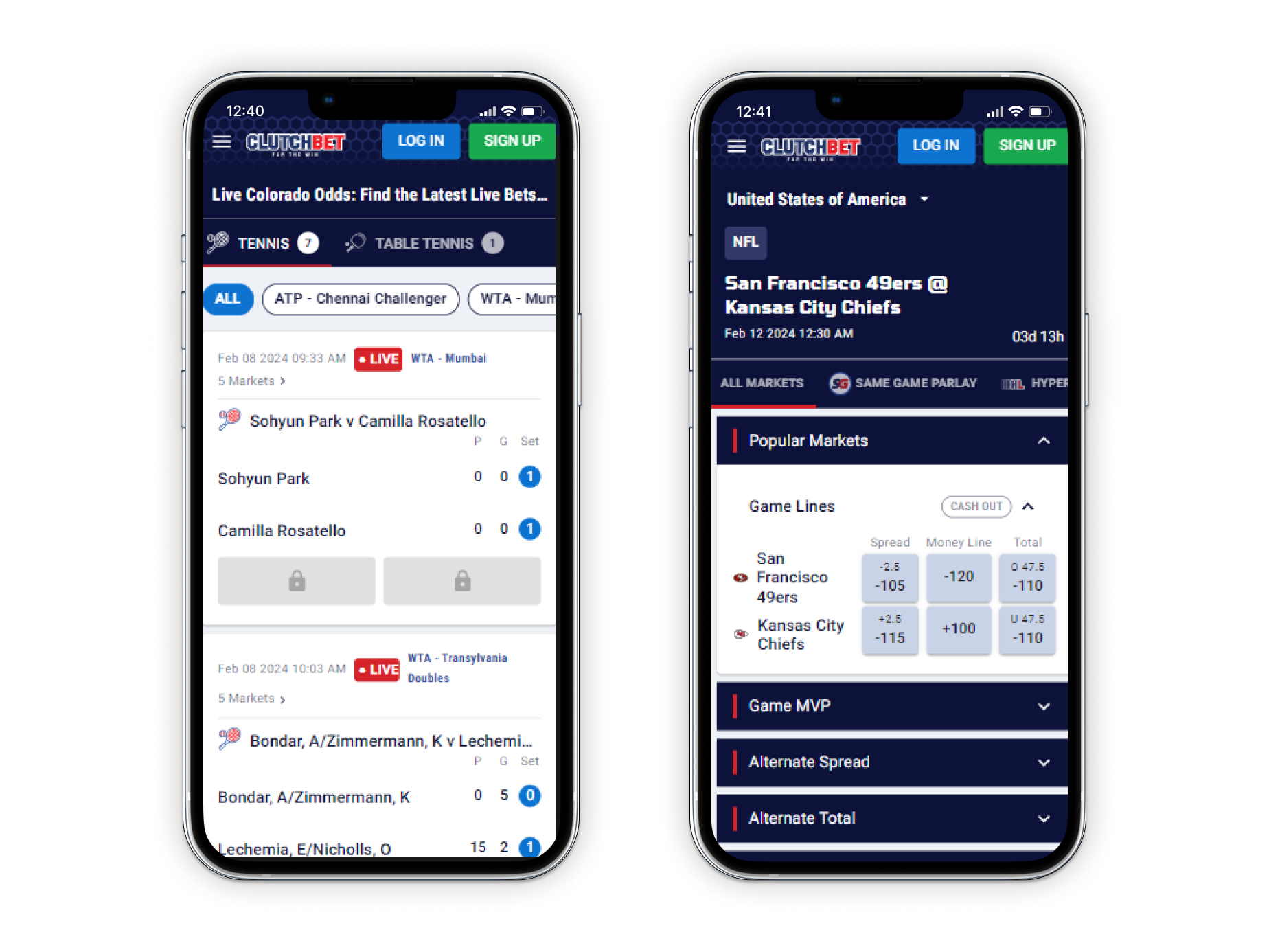 ClutchBet sportsbook on two mobile screens