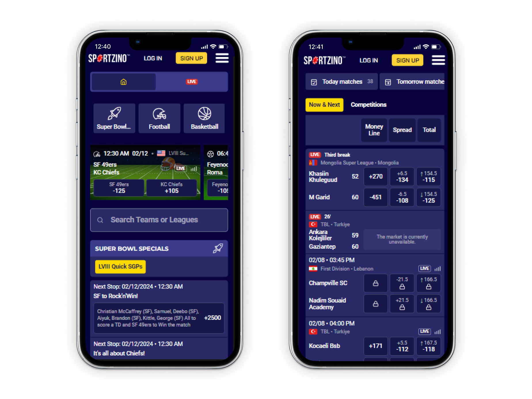 Sportzino's online homepage and sports page on two mobile devices