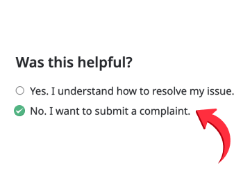 Two options on a screenshot: to confirm issue resolution and to submit a complaint
