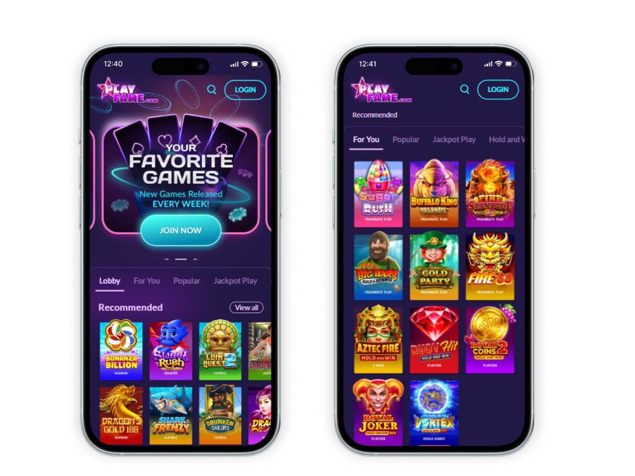 PlayFame homepage on two mobile devices