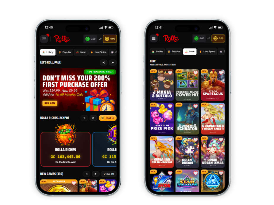 Rolla casino homepage screenshots