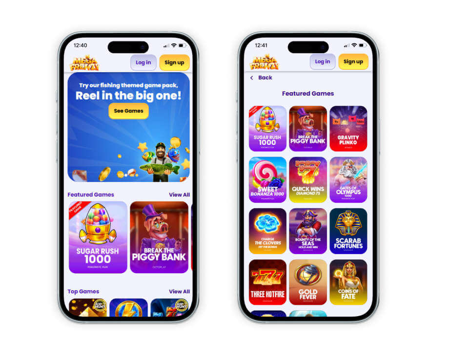 Mega Frenzy homepage on two mobile devices