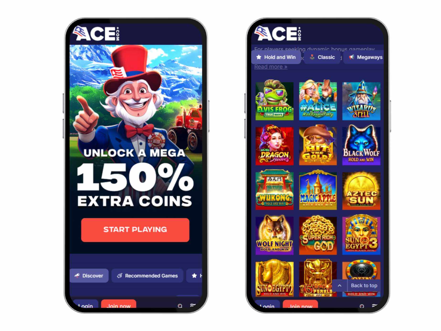 Ace.com homepage screenshots on two mobile devices