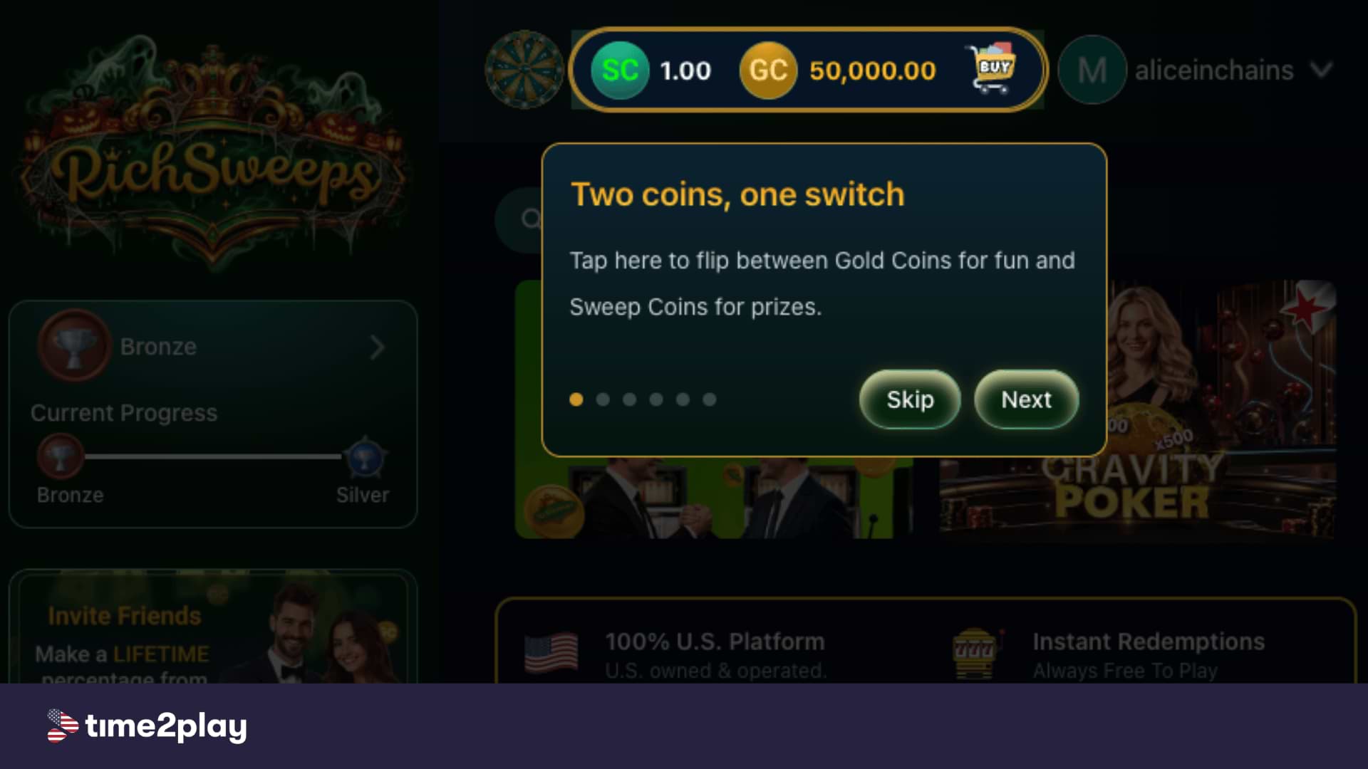 Homepage screenshot of my Rich Sweeps account