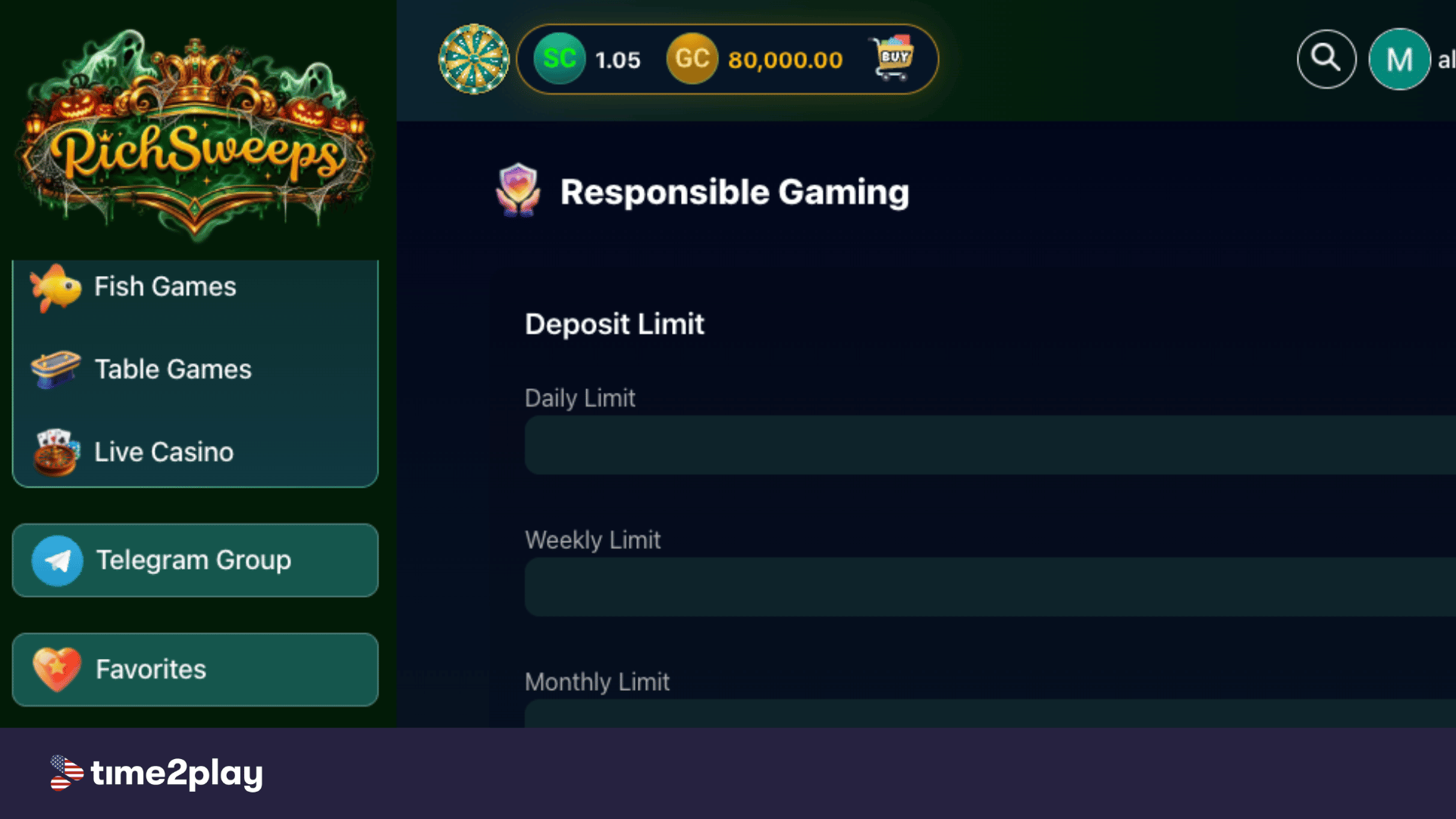 Responsible Gambling section in my account on RichSweeps
