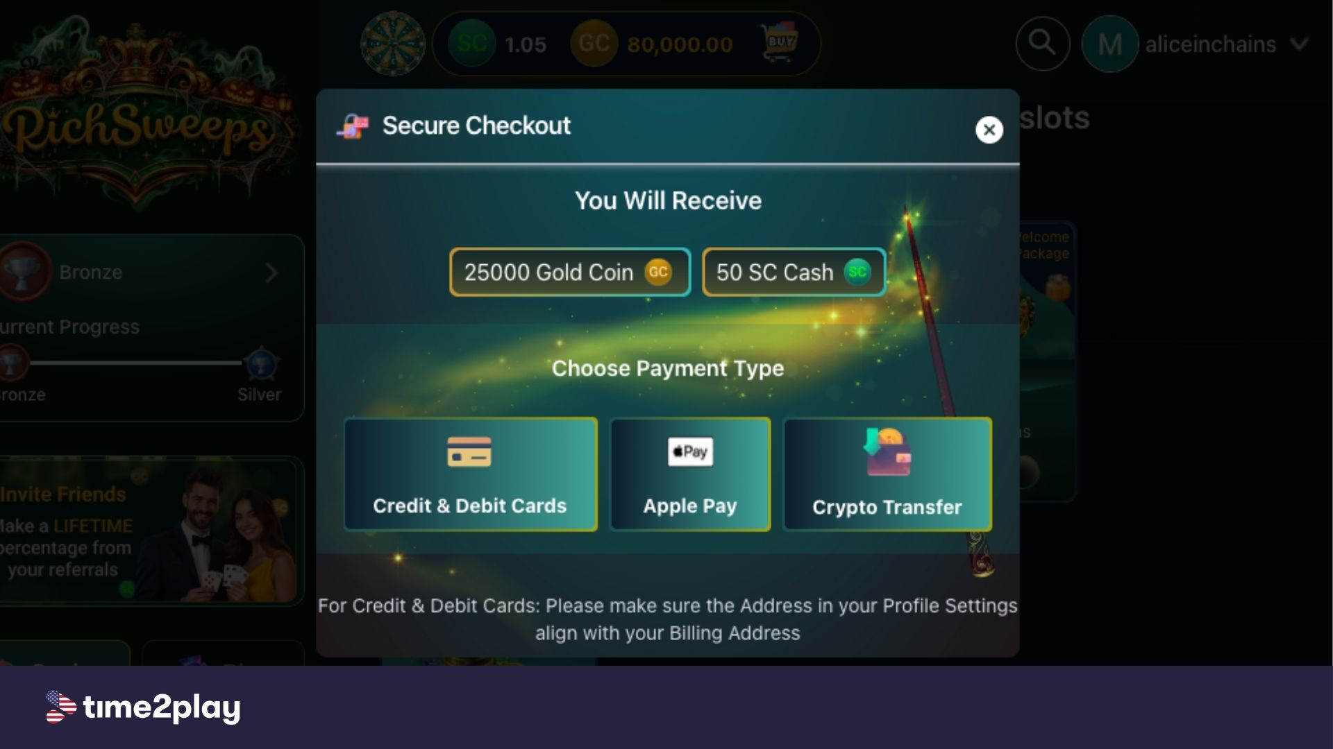 RichSweeps screenshot from my account with purchase methods