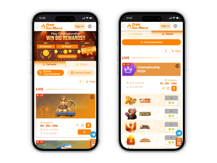 FreeSlotMatch lobby on mobile