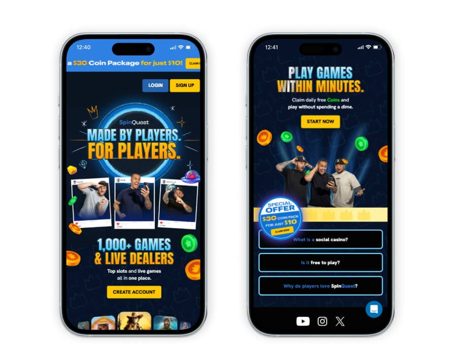 SpinQuest homepage on two mobile devices