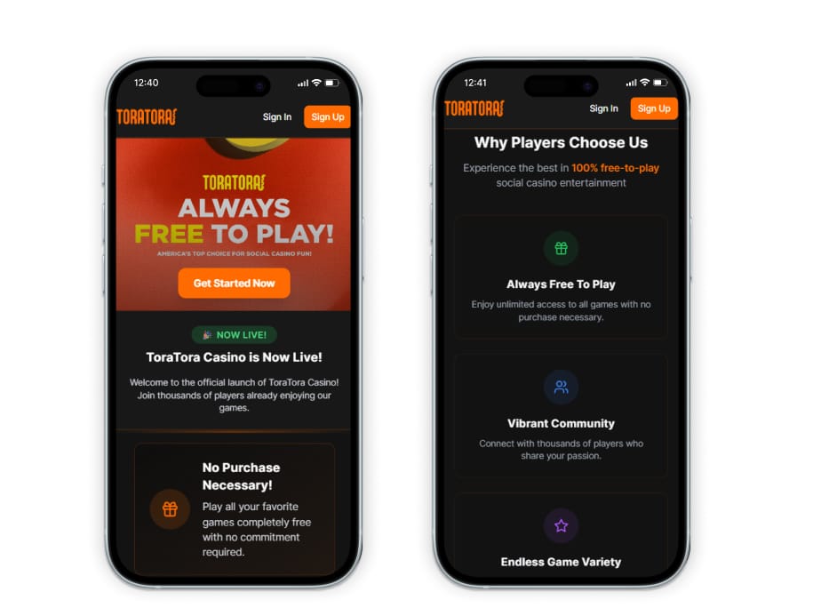 ToraTora mobile homepage screenshots