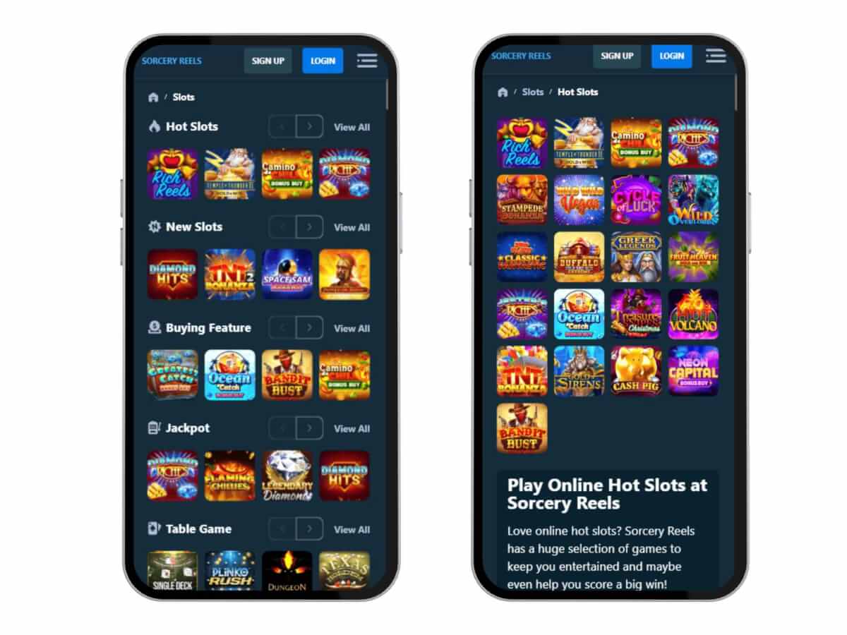 Sorcery Reels homepage on a mobile device