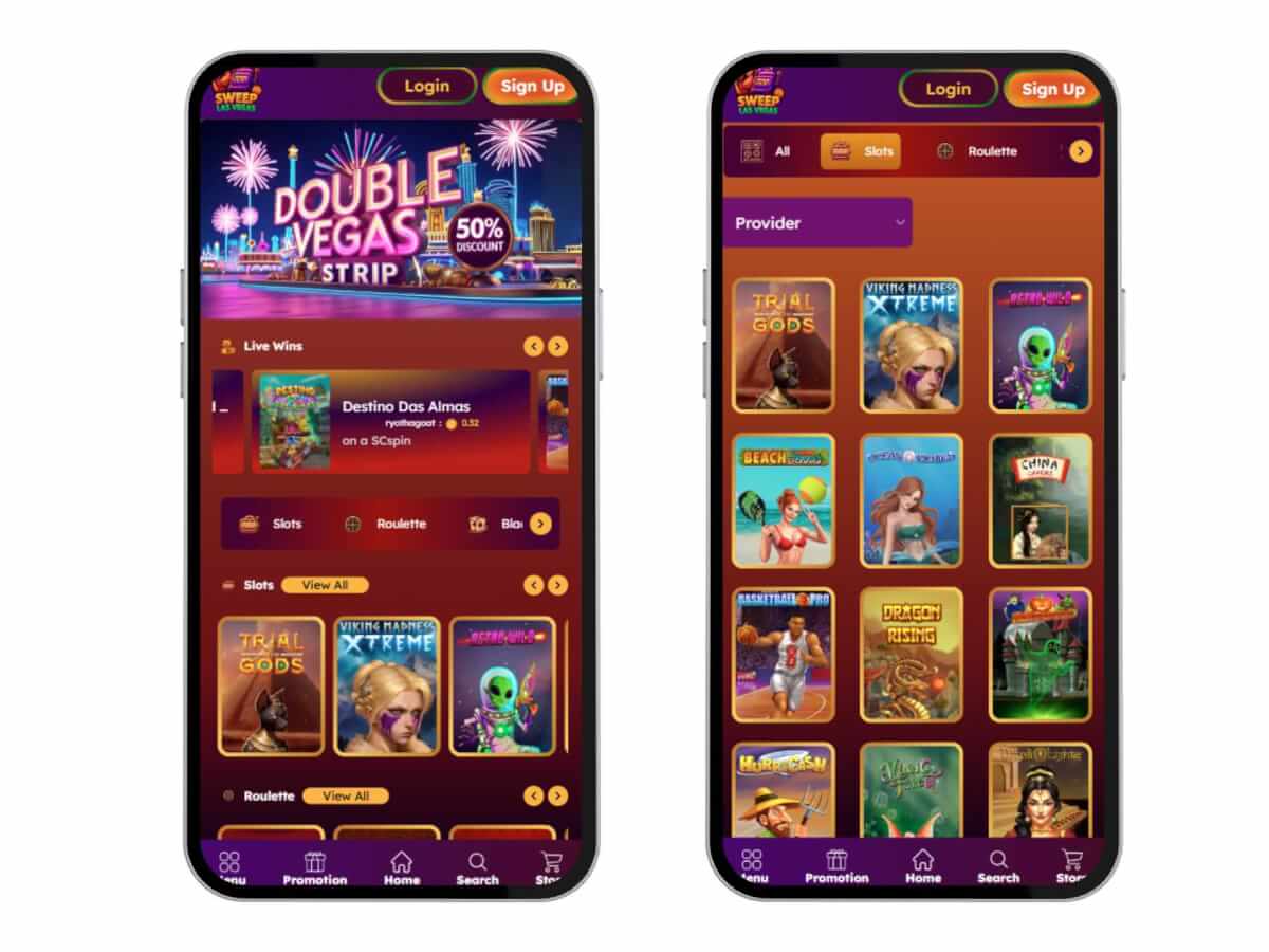 SweepLasVegas games lobby on mobile