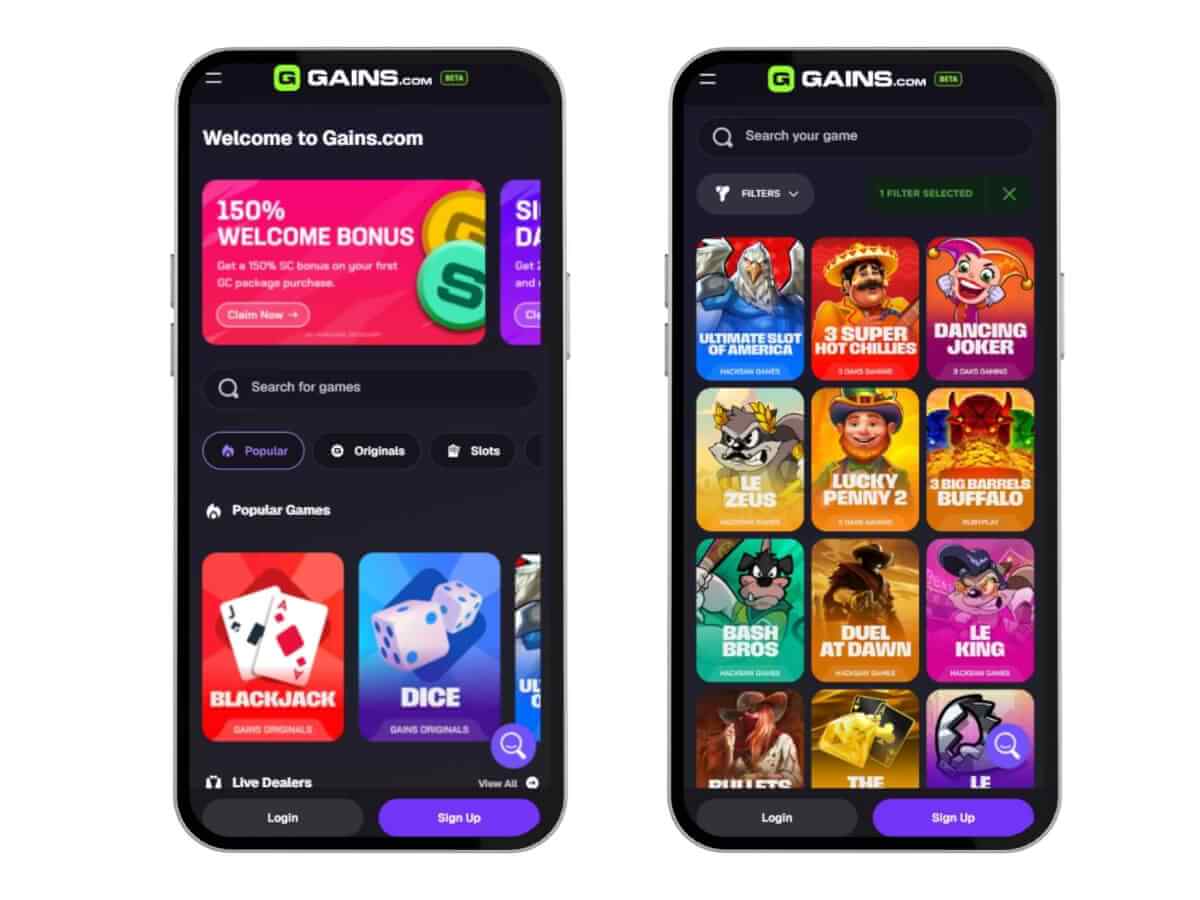 Gains.com mobile lobby