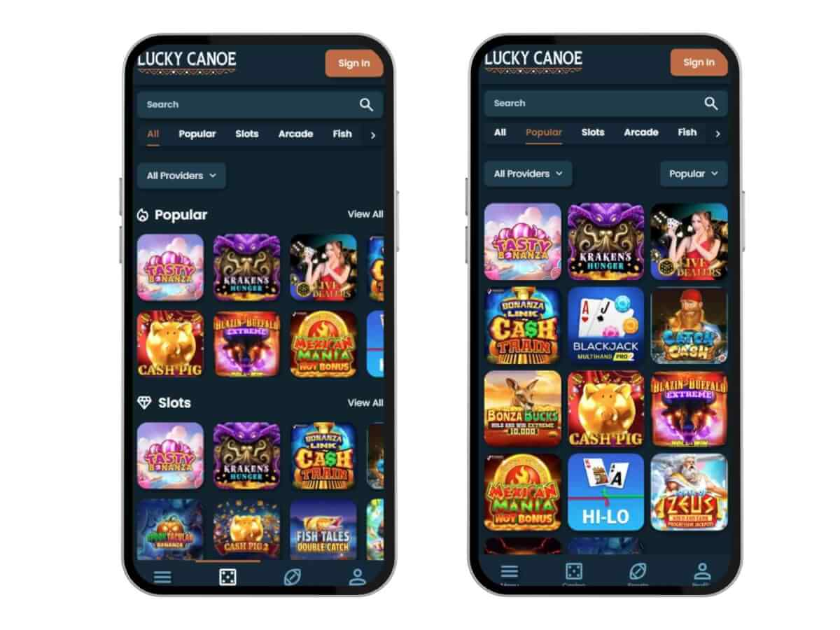 Lucky Canoe casino on two mobile devices