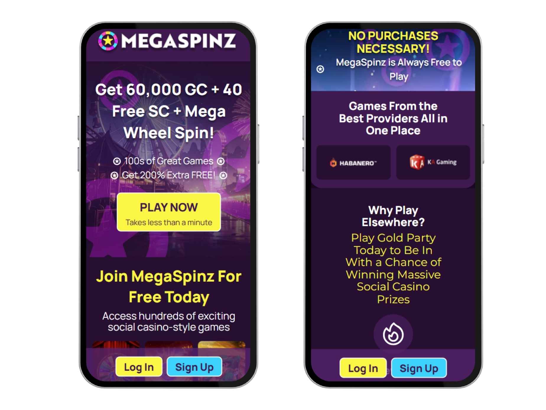 MegaSpinz mobile homepage on two mobile devices