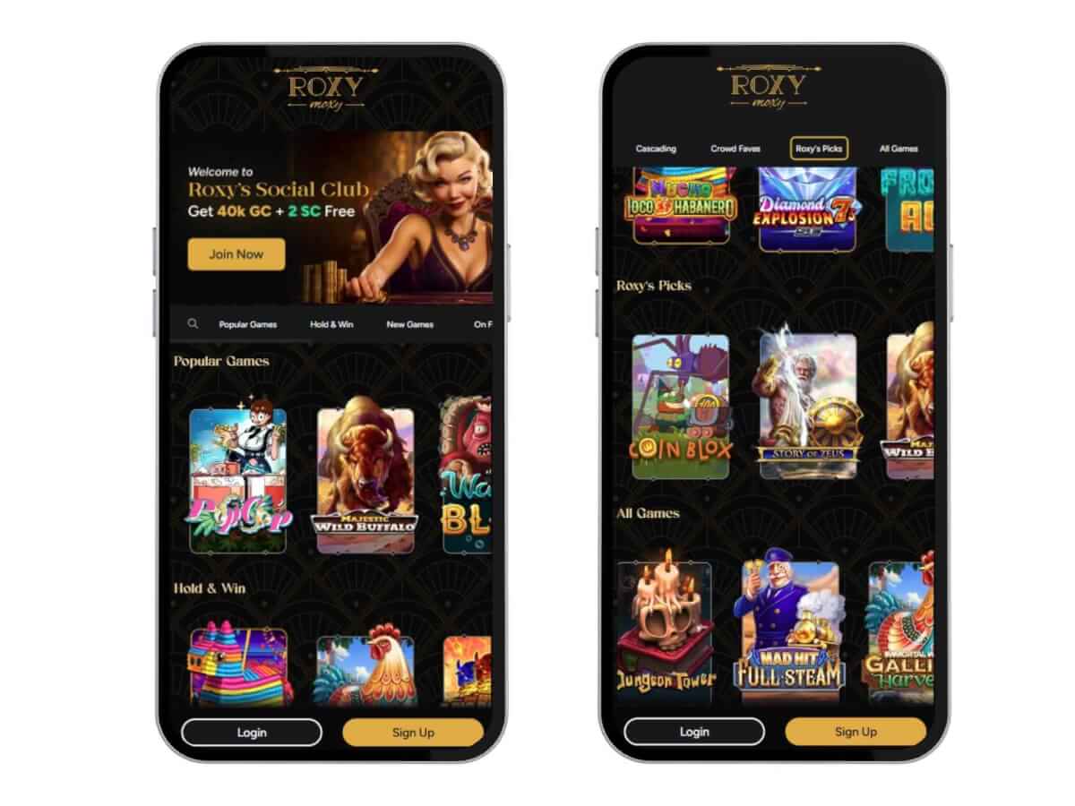 Roxy Moxy mobile lobby on 2 mobile devices