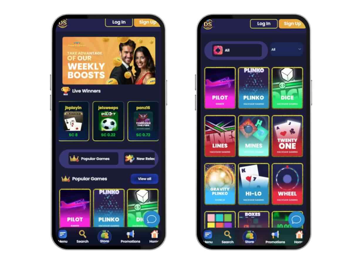 DimeSweeps games lobby on mobile