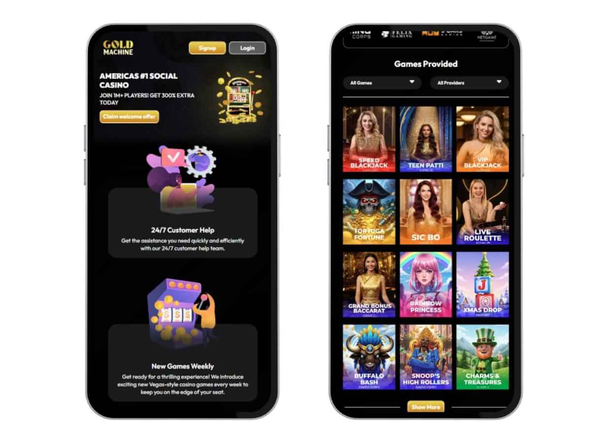 Gold Machine mobile homepage and lobby