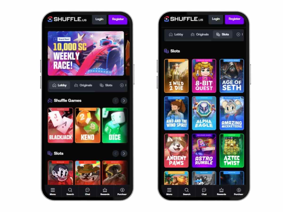 Shuffle.us games lobby on two mobile devices