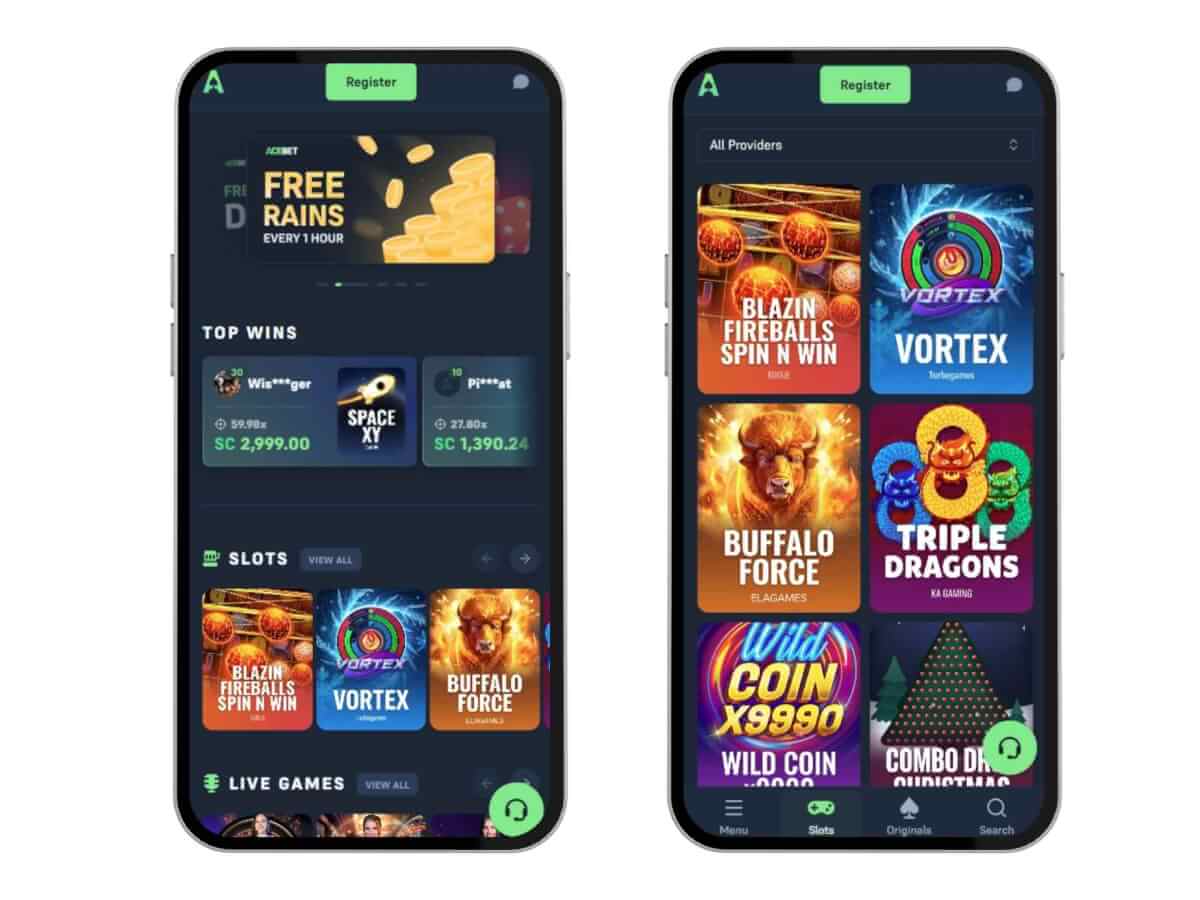 Acebet screenshots on mobile devices