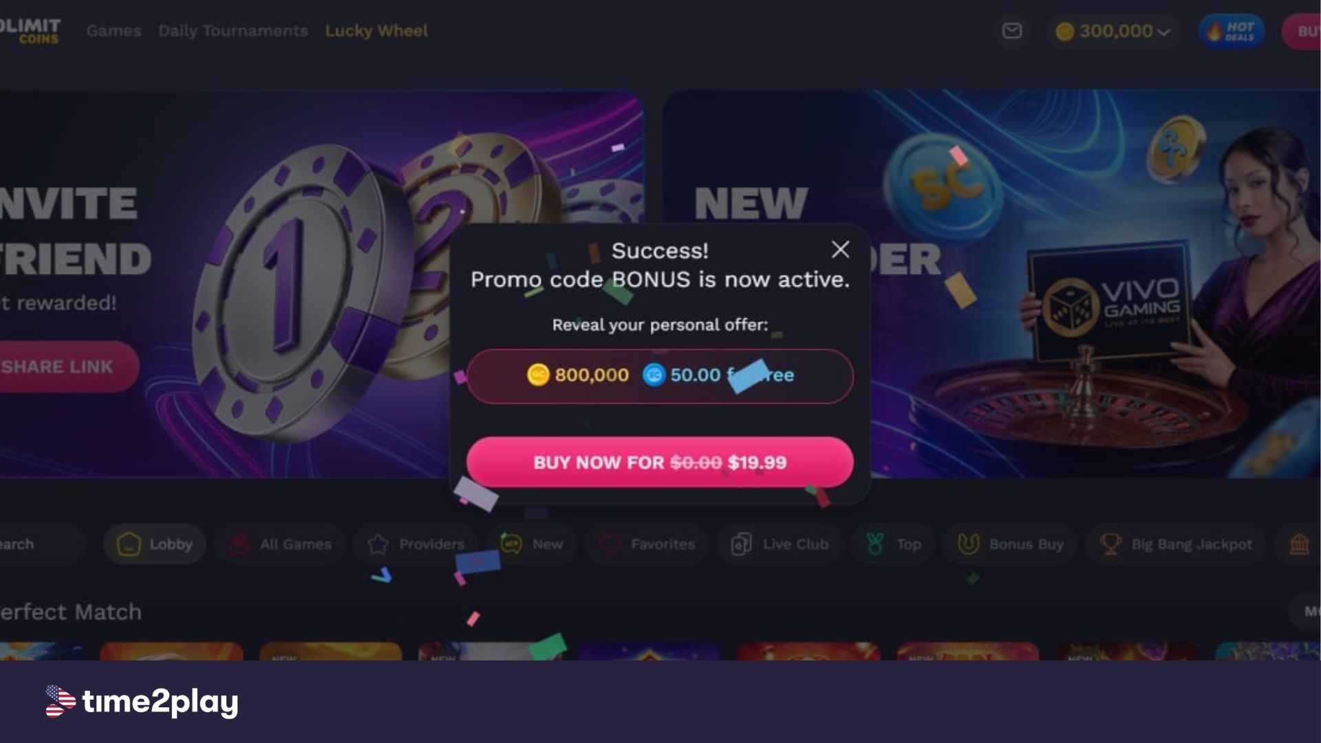 Screenshot of NoLimit Coins casino promo code bonus applied