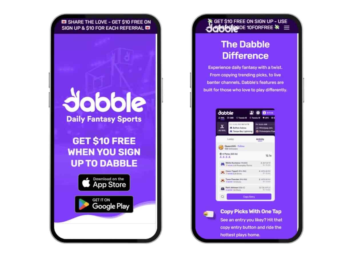 Dabble DFS homepage screenshot