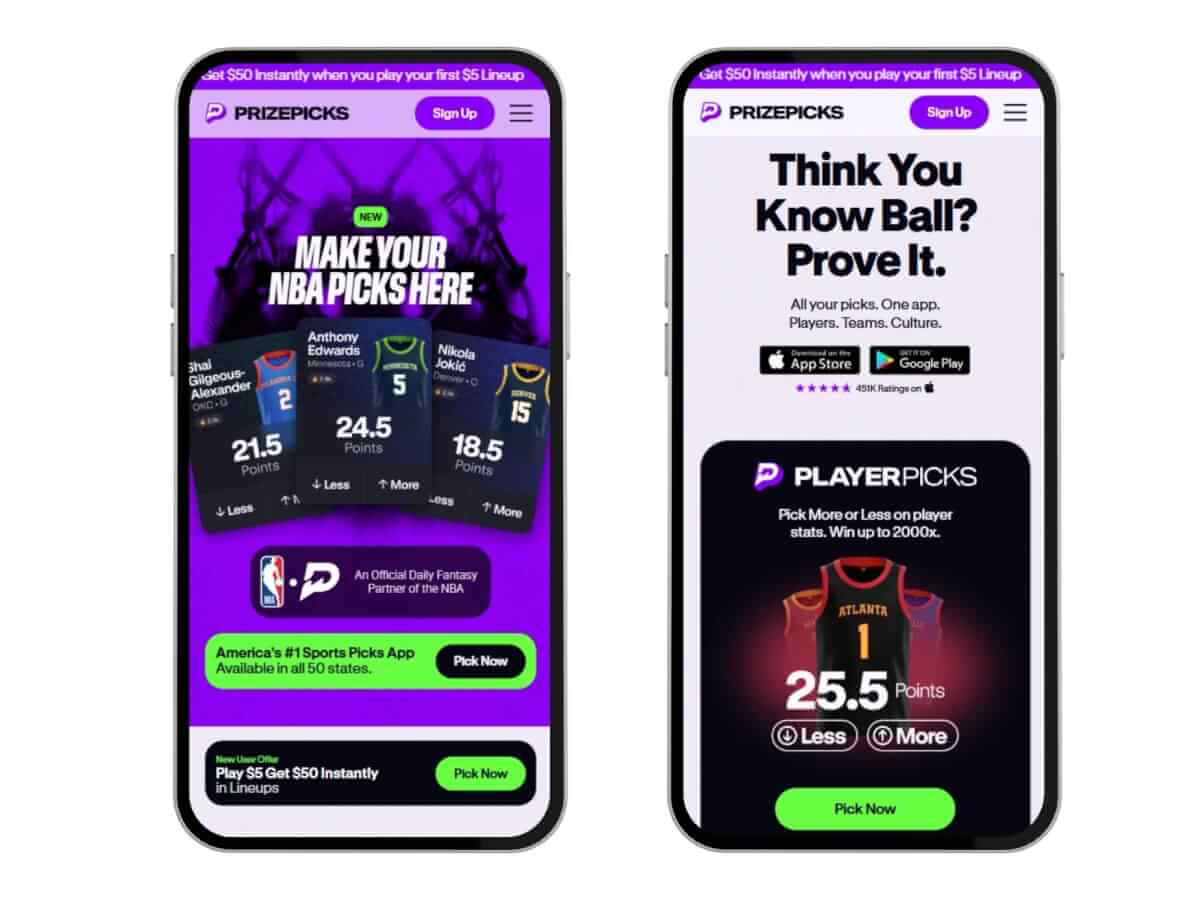 PrizePicks mobile homepage screenshots