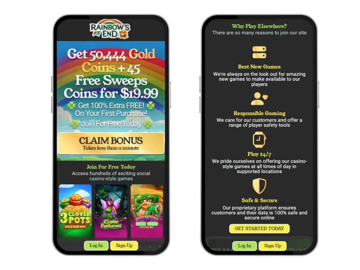 Rainbow's End homepage on two mobile devices